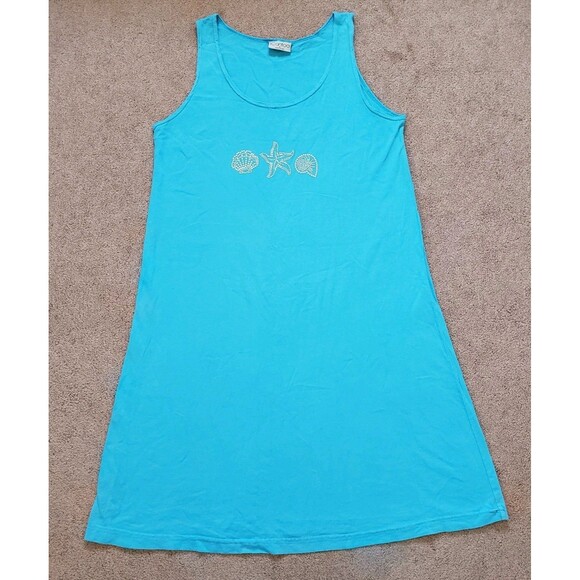 Vtg Cantoo Women's Sleeveless Summer Dress Blue Turquoise Rhinestones Cotton Med - Picture 1 of 7
